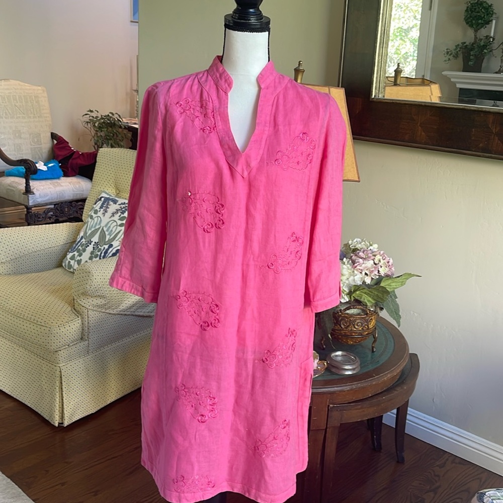 120% Lino Bright Pink Embroidered Linen Tunic/Kaftan Dress w/Sequins Size 44 EUC